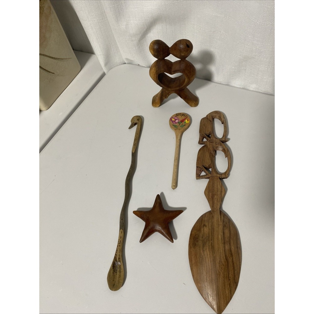 Unique Hand Carved Wooden Home Decor Folk Art 5 Piece Lot Elephant Heart Star